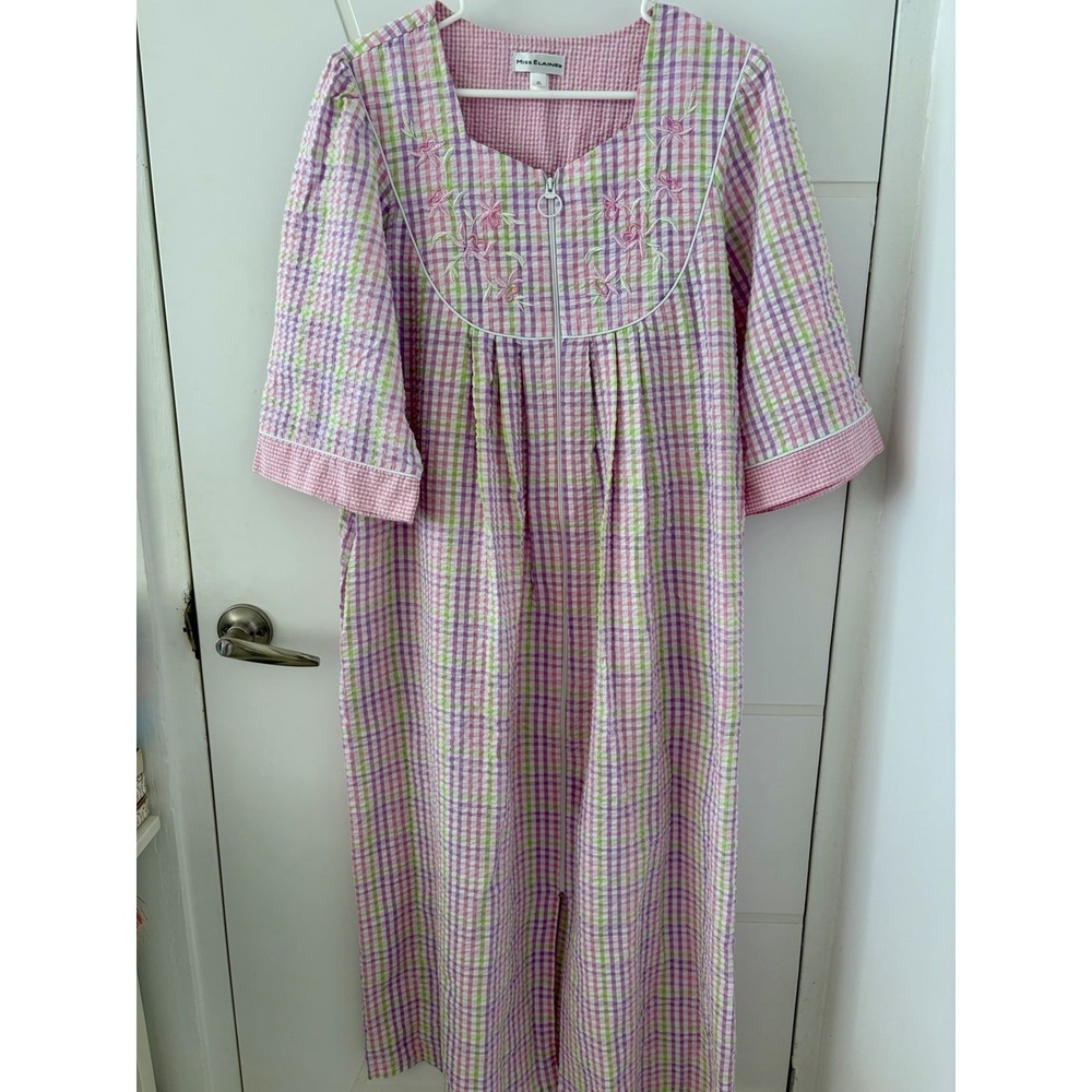 Vtg Miss Elaine Seersucker House Coat XL Pink Plaid Zip Front Robe Dressing Gown